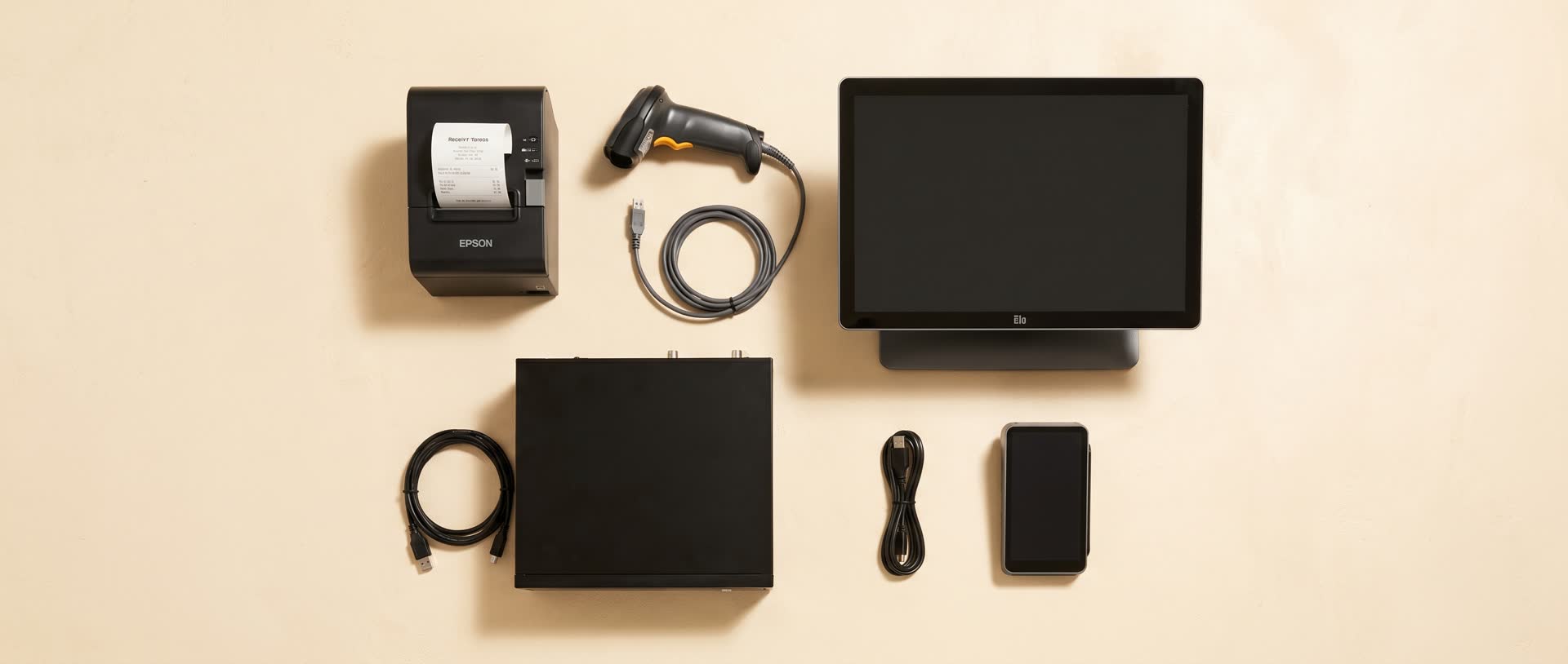PCWORK POS hardware flat-lay