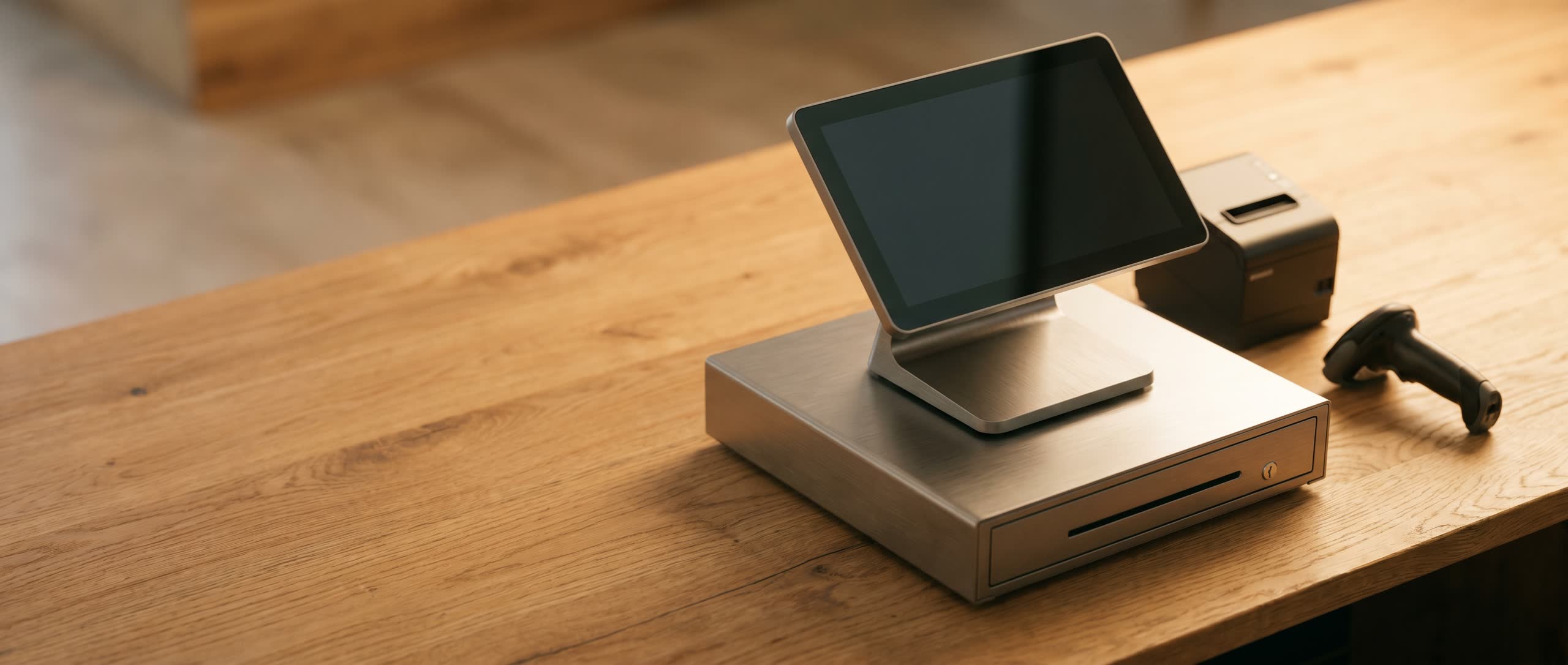 A sleek POS hardware setup on the right with clean negative space on the left for text