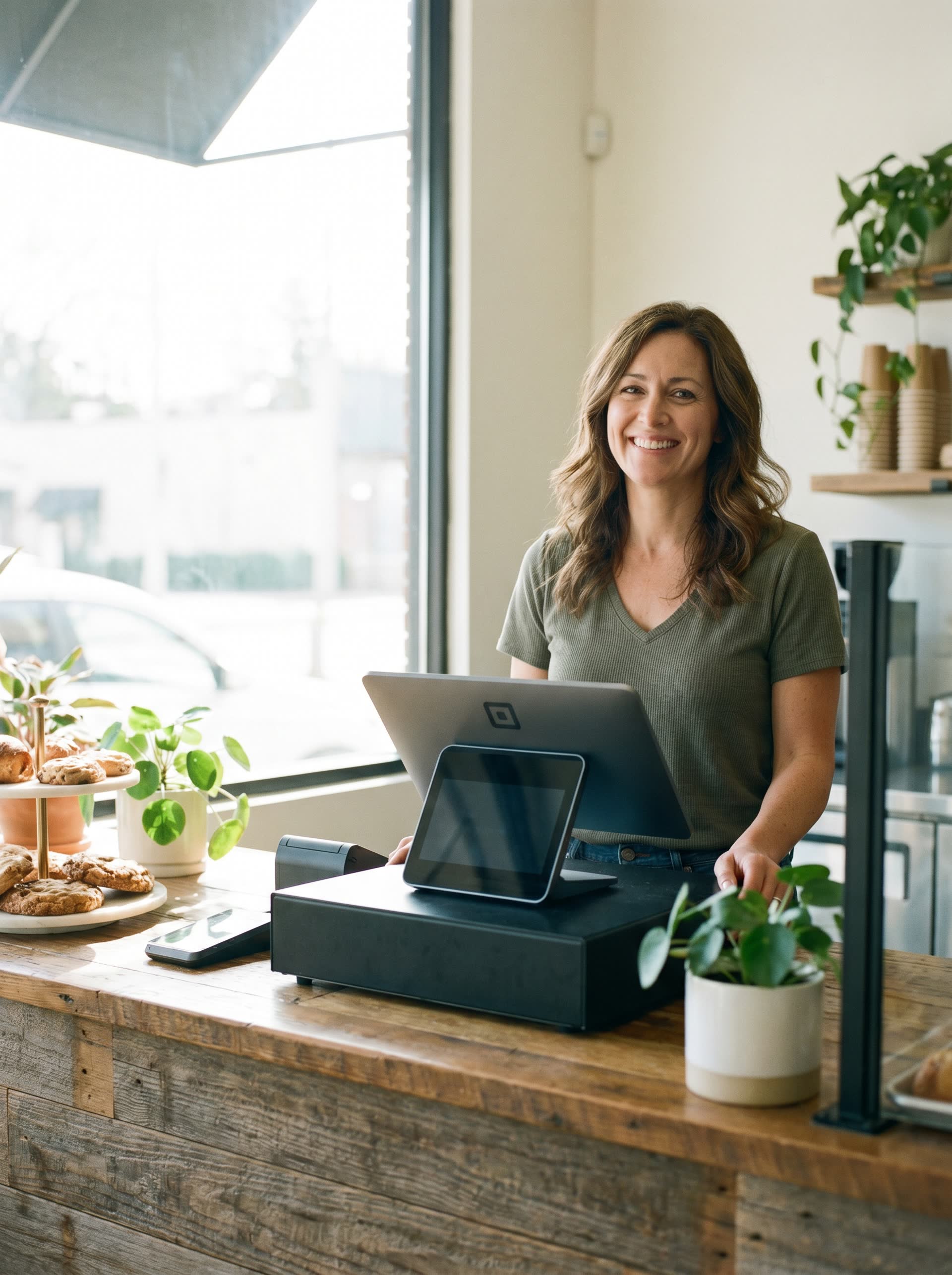 A business owner standing behind a sleek POS terminal at her shop